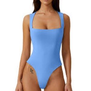 Qinsen square neck, sleeveless thong bodysuit in Blue Gray Size Small NWT